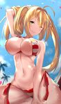  ;) adjusting_hair ahoge arm_behind_head bikini blonde_hair breasts confetti day fate/grand_order fate_(series) green_eyes hair_intakes halterneck highres large_breasts long_hair looking_at_viewer navel nero_claudius_(fate)_(all) nero_claudius_(swimsuit_caster)_(fate) one_eye_closed outdoors scrunchie seedkeng side-tie_bikini sitting sky smile solo strap_gap striped striped_bikini sweat swimsuit twintails white_scrunchie wrist_scrunchie 