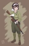  bayonet blue_eyes brown_hair commentary_request full_body gloves gun headband highres holding holding_gun holding_weapon imperial_japanese_army military original pouch rifle short_hair sino_(mechanized_gallery) solo translated type_99_short_rifle weapon 