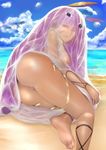  1girl absurdres ass b-kun_(blackenbad) beach breasts dark_skin fate_(series) female foot from_behind large_breasts legs long_hair looking_at_viewer looking_back nipples nitocris_(fate/grand_order) nude ocean outdoors purple_hair pussy see-through soles solo summer tan toes uncensored veil wet_clothes 