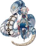  blue_eyes breastplate full_body hair_ornament hair_over_one_eye hair_ribbon hakama_skirt high_heels highres long_hair maruoka_(oshiro_project) official_art oshiro_project oshiro_project_re ribbon sheep_sleep silver_hair snake transparent_background x_hair_ornament 