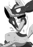  anthro bowl canine comic food_bowl greyscale japanese_text kurohane_karasu licking lucario mammal monochrome nintendo open_mouth pok&eacute;mon simple_background text tongue tongue_out translation_request video_games 