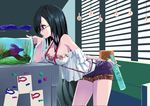  bare_shoulders black_hair breasts cleavage fish fishbowl glass_bottle glasses indoors long_hair medium_breasts original rimless_eyewear shiroori_kanade shorts solo suspenders 