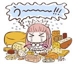  &gt;_&lt; cheese cheese_wheel chibi crying echipashiko fate/grand_order fate_(series) food holding_whip medb_(fate)_(all) medb_(fate/grand_order) pink_hair tiara traumatized whip 