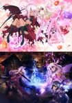 4girls absurdres battle bazett_fraga_mcremitz black_bra black_footwear black_hair black_jacket black_neckwear black_panties black_pants blonde_hair boots bow_(weapon) bra brown_eyes chloe_von_einzbern covered_navel earrings fate/kaleid_liner_prisma_illya fate/stay_night fate_(series) feathers flat_chest formal full_body gloves hair_feathers highres holding holding_bow_(weapon) holding_hands holding_staff holding_weapon illyasviel_von_einzbern interlocked_fingers jacket jewelry leotard long_hair magical_girl magical_ruby magical_sapphire midriff miyu_edelfelt mouth_hold multiple_girls necktie open_mouth outstretched_arms panties pants parted_lips pink_feathers pink_footwear pink_hair prisma_illya purple_leotard red_eyes short_hair side_ponytail skirt staff standing stomach sword thigh_boots thigh_strap thighhighs underwear weapon white_gloves white_skirt 