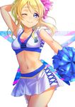  403_(artist) ;) ayase_eli blonde_hair blue_eyes breasts cheerleader cleavage collarbone cowboy_shot crop_top eyebrows_visible_through_hair floating_hair highres long_hair love_live! love_live!_school_idol_project medium_breasts midriff miniskirt navel one_eye_closed pleated_skirt pom_poms signature simple_background skirt smile solo standing stomach white_background white_skirt 