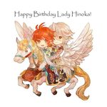  1girl armor barefoot chibi english fire_emblem fire_emblem_if hinoka_(fire_emblem_if) looking_at_viewer male_my_unit_(fire_emblem_if) mamkute multiple_riders my_unit_(fire_emblem_if) open_mouth pegasus red_eyes red_hair riding shourou_kanna simple_background smile white_background white_hair 