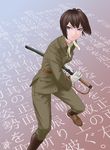  blue_eyes brown_hair gloves highres holding holding_sword holding_weapon imperial_japanese_army katana legs_apart military military_uniform original ready_to_draw scabbard sheath sheathed short_hair sino_(mechanized_gallery) solo standing sword uniform weapon white_gloves 