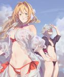  ahoge artoria_pendragon_(all) artoria_pendragon_(swimsuit_rider_alter) bangs bikini black_bikini blonde_hair breasts cloud cloudy_sky commentary_request criss-cross_halter day fate/grand_order fate_(series) floating_hair frills green_eyes grey_hair hair_intakes halter_top halterneck highres hood hoodie large_breasts long_hair looking_at_viewer looking_up maid_headdress multiple_girls navel nero_claudius_(fate)_(all) nero_claudius_(swimsuit_caster)_(fate) open_clothes open_hoodie outdoors parted_lips red_bikini red_cucumber saber_alter see-through short_hair side-tie_bikini sidelocks sky small_breasts smile standing striped striped_bikini swimsuit thighs 