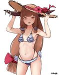  bangs bare_arms bare_legs bikini blue_bikini blunt_bangs bow brown_hair commentary_request fang flower frilled_bikini frills hair_bow hat hat_flower hat_ribbon highleg highleg_bikini horns ibuki_suika kanrobi long_hair looking_at_viewer low-tied_long_hair navel orange_eyes red_bow red_flower red_ribbon ribbon simple_background smile solo standing stomach straw_hat swimsuit touhou twitter_username very_long_hair white_background 