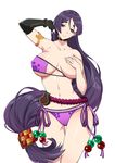  armlet beads bikini black_gloves blush breasts choker covering covering_one_breast d.c_(kdh4016) eyepatch_bikini fate/grand_order fate_(series) gloves hand_on_own_chest highres large_breasts long_hair looking_at_viewer low-tied_long_hair minamoto_no_raikou_(fate/grand_order) minamoto_no_raikou_(swimsuit_lancer)_(fate) navel one_breast_out purple_bikini purple_eyes purple_hair rope side-tie_bikini simple_background single_glove smile solo swimsuit very_long_hair white_background 