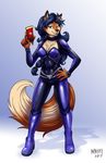  2017 anthro beauty_mark blue_hair bodysuit boots breasts brown_eyes canine carmelita_fox chest_tuft cleavage clothed clothing cosplay crossover ear_piercing female fluffy fluffy_tail footwear fox full_body fur gun hair heresy_(artist) krystal looking_at_viewer mammal multicolored_fur nintendo orange_fur piercing ranged_weapon rubber shiny simple_background skinsuit sly_cooper_(series) solo star_fox tight_clothing tuft two_tone_fur video_games weapon white_fur 