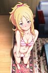  1girl bare_arms bare_legs barefoot blonde_hair blush bow breasts chair clitoris closed_mouth collarbone drill_hair eromanga_sensei feet female floor from_above front-tie_bikini full_body green_eyes hair_bow indoors looking_at_viewer navel ponytail pussy rug shadow side-tie_bikini solo standing striped striped_bikini swimsuit twin_drills wooden_floor yamada_elf yanagi_hirohiko 