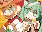  1girl aqua_eyes aqua_hair bare_shoulders blush_stickers brown_hair clenched_hands commentary_request crossover facial_hair gloves hair_ornament hat hatsune_miku long_hair looking_at_viewer mario mario_(series) mustache necktie open_mouth overalls red_shirt shirt short_hair sleeveless smile star super_mario_bros. twintails uroad7 vocaloid white_gloves 