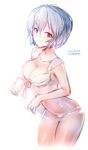  2015 ayanami_rei blue_hair bra breasts cleavage closed_mouth collarbone dated eyebrows_visible_through_hair hair_between_eyes highres looking_at_viewer medium_breasts neon_genesis_evangelion panties red_eyes red_ribbon ribbon rondo_bell shiny shiny_skin short_hair signature simple_background sketch solo standing underwear underwear_only white_background white_bra white_panties 