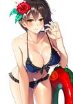  absurdres bikini black_hair blue_bikini blush breasts cleavage closed_mouth flower flying_sweatdrops frilled_bikini frills hair_flower hair_ornament highres huge_breasts innertube kaga_(kantai_collection) kantai_collection looking_at_viewer md5_mismatch navel simple_background smile solo suika_(atelier-yuu) sweat swimsuit wet white_background yellow_eyes 