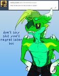  2017 anthro bedroom_eyes black_sclera blue_background cetacean clothed clothing cyan_skin dolphin dragon english_text facing_viewer fin fish foreshortening front_view gradient_background green_eyes green_skin half-closed_eyes hands_on_hip high-angle_view hybrid idoodle2draw jeans looking_at_viewer male mammal marine markings muscular muscular_male nipples pants scalie seductive shark simple_background slightly_muscular solo standing text topless tumblr vasciel_aplisto white_skin yellow_skin 