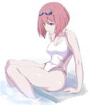  ark_royal_(kantai_collection) arm_support blue_eyes bob_cut breasts cleavage closed_mouth collarbone competition_swimsuit covered_navel goggles goggles_on_head highres kantai_collection kurihara_kenshirou looking_down medium_breasts no_hairband one-piece_swimsuit partially_submerged pool red_hair short_hair sitting solo swimsuit wavy_mouth white_swimsuit 