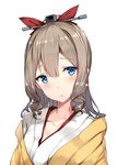 bad_id bad_twitter_id blue_eyes blush bow brown_hair collarbone hair_between_eyes hair_bow hatakaze_(kantai_collection) highres inactive_account japanese_clothes kantai_collection kimono long_hair looking_at_viewer meiji_schoolgirl_uniform orihi_chihiro parted_lips ponytail simple_background solo teeth upper_body white_background yellow_kimono 
