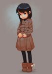  alkemanubis black_hair black_legwear blue_eyes boots coat commentary full_body highres long_hair looking_at_viewer original pantyhose signature simple_background smile solo 