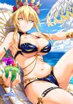  armpits artist_name artoria_pendragon_(all) artoria_pendragon_(lancer) bangs beach_chair belly_chain bikini blonde_hair blue_bikini breasts cleavage closed_mouth collarbone crown cup day drink drinking_glass fate/grand_order fate_(series) flower frown green_eyes hair_between_eyes hair_flower hair_ornament holding holding_cup jewelry large_breasts long_arms long_hair looking_at_viewer nail_polish navel ocean outdoors sakiyamama sitting sky solo swimsuit thigh_strap umbrella underboob wristband 