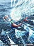  blue_eyes breasts cleavage copyright_name force_of_will hair_ornament long_hair mermaid monster_girl official_art open_mouth oriental_umbrella rain shaela_(force_of_will) small_breasts solo teeth umbrella water white_hair 