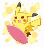  animal_ears arms_up brown_eyes from_below full_body happy looking_up neru_(neruneruru) open_mouth pikachu pokemon pokemon_(creature) pokemon_rgby simple_background smile solo surfboard surfing tail yellow_background 