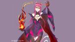  animal_ears artist_name bare_shoulders black_gloves black_sclera blazblue blazblue:_central_fiction blush breasts breasts_apart cape cat_ears cat_tail commentary_request cosplay cowboy_shot dress evil_smile eyebrows_visible_through_hair fire gloves hair_between_eyes head_tilt highres kokonoe konoe_a_mercury konoe_a_mercury_(cosplay) long_hair looking_at_viewer medium_breasts multiple_tails pink_hair purple_background simple_background slit_pupils smile solo swordwaltz tail very_long_hair watermark web_address yellow_eyes 
