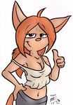  2017 anthro breasts cat cleavage clothed clothing driprat feline female hair half-length_portrait halter_top hand_on_hip hi_res long_hair looking_at_viewer mammal midriff navel off_shoulder ponytail portrait red_hair simple_background smile solo thumbs_up white_background 