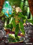  armor arrow belt boots cape copyright_name force_of_will grass leaf long_hair male_focus nature official_art pointy_ears quiver rock solo sparkle tomida_tomomi tree white_hair yellow_eyes 