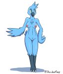  3_toes anthro avian beak beauty_mark bird blue_eyes blue_fur breasts chest_tuft davidsone eyelashes feathered_wings feathers female fur navel nipples nude open_mouth pink_nipples pussy shadow simple_background solo talons toes tuft tweetfur white_background wings 