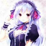  bow breasts fairy_fencer_f frills hairband highres lolita_hairband long_hair looking_at_viewer medium_breasts red_eyes ribbon shado_ne smile solo tiara_(fairy_fencer_f) white_hair 