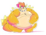  2017 anthro belly blush bowser collar hair horn koopa male mario_bros nintendo obese overweight overweight_male red_hair scalie simple_background solo spiked_collar spikes sweat thefortressofscience video_games white_background 