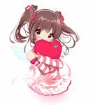  angel_wings brown_eyes brown_hair caracorn clover_print covered_mouth detached_sleeves dress hair_ribbon hairband head_tilt heart heart_pillow idolmaster idolmaster_cinderella_girls looking_at_viewer ogata_chieri pillow pillow_hug pink_dress ribbon simple_background solo striped_sleeves twintails upper_body white_background white_hairband wings 
