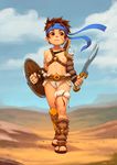  2014 alkemanubis armor bare_shoulders breasts brown_eyes brown_hair cloud cloudy_sky day facial_scar full_body highres holding holding_shield holding_sword holding_weapon midriff navel nipples original sandals scar shield shoulder_armor signature sky small_breasts solo sword weapon 