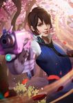  absurdres aiming brown_hair d.va_(overwatch) genderswap genderswap_(ftm) gloves grin gun handgun high_collar highres lips male_focus necktie nose overwatch petals pistol red_eyes ribbed_shirt shirt smile soft_focus solo weapon whisker_markings white_gloves xiaoxiaoxiaomo 