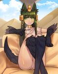  absurdres animal_ears anubis_(monster_girl_encyclopedia) blush closed_mouth commission cup dog_ears dog_tail eyebrows_visible_through_hair green_eyes green_hair highres holding holding_cup long_hair looking_at_viewer monster_girl monster_girl_encyclopedia panties sitting smile solo sookmo tail tail_raised tea teacup underwear 