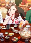  2girls breast_rest breasts brown_hair buttons cellphone chin_rest cleavage cup drink drinking_glass elbows_on_table eyewear_on_head fish food grin holding holding_cup large_breasts long_hair looking_at_viewer multiple_girls omelet original phone plate polo_shirt pov_across_table purple_eyes saida_kazuaki shirt short_sleeves smartphone smile solo_focus soup soy_sauce sunglasses table tamagoyaki taut_clothes taut_shirt tofu wavy_hair 