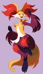  1girl animal_ears arm_up cherrysnak delphox fangs feet fox_ears fox_tail full_body furry hand_up jumping looking_to_the_side no_humans open_mouth paws pokemon pokemon_(creature) pokemon_xy purple_background red_eyes simple_background solo tail teeth tongue 