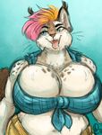  absurd_res anthro big_breasts breasts cat cleavage clothed clothing digital_media_(artwork) feline female gravewalker gravey hair hi_res huge_breasts lynx mammal open_mouth pink_hair shirt solo sweat thirsty tight_clothing tongue 