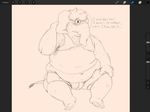  anthro black_and_white blush bulge clothed clothing dialogue elephant english_text eyewear front_view glasses hippo_librarian male mammal midriff monochrome moobs navel overweight rohly shirt_up sketch solo text underwear 