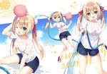  1girl :d ;o anzu_(sumisaki_yuzuna) blonde_hair bun_cover clothes_writing green_eyes hose long_hair looking_at_viewer multiple_views navel one_eye_closed open_mouth original pig see-through shirt shorts sitting smile standing sumisaki_yuzuna t-shirt twintails water wet wet_clothes wet_shirt 