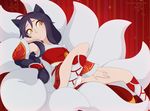  :o absurdres ahoge ahri animal_ears black_hair cameltoe covered_nipples facial_mark flat_chest fox_ears fox_girl fox_tail highres league_of_legends long_hair looking_down merunyaa multiple_tails off_shoulder panties red_background simple_background slit_pupils solo spread_legs tail underwear whisker_markings yellow_eyes 