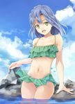  bikini blue_hair blush breasts cloud cloudy_sky commentary_request day frilled_bikini frills idolmaster idolmaster_million_live! looking_at_viewer medium_breasts minasato_hibiki nanao_yuriko navel ocean open_mouth short_hair sky smile solo swimsuit wading yellow_eyes 