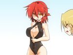  anger_vein blush breasts cleavage cleavage_cutout closed_eyes covered_navel cowboy_shot earrings endevour_(rokunichi) front_zipper_swimsuit jewelry large_breasts meme_attire multiple_girls one-piece_swimsuit open_mouth original red_hair rokunichi short_hair sweatdrop swimsuit yellow_eyes 