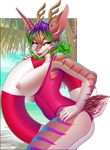  anthro antlers baywatch big_breasts breasts cervine clothing deer feline female gizmo0sue horn hybrid looking_at_viewer mammal nipples one_eye_closed solo swimsuit wink 