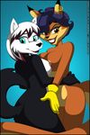  2017 anthro barely_visible_genitalia biped blue_eyes breast_squish breasts breasts_frottage brown_eyes butt canine carmelita_fox cel_shading clothing digital_drawing_(artwork) digital_media_(artwork) duo ear_piercing female female/female fox fur gloves grin hair hands_on_hip looking_at_viewer looking_back mammal mostly_nude multicolored_fur multicolored_hair nipples nude piercing purple_hair pussy short_hair sly_cooper_(series) smile subtle_pussy toony two_tone_fur verona7881 video_games wolf 
