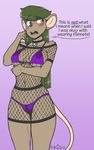  2017 blue_eyes blush breasts embarrassed english_text female fishnet green_hair hair humor jewelry katie_(t-kay) long_hair mammal mouse navel necklace pun rodent simple_background t-kay text 