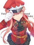  adjusting_clothes adjusting_hat alluring_chief_warden_look bangs breasts commentary_request fate/grand_order fate_(series) gloves hair_bun hat highres long_hair looking_at_viewer looking_up medb_(fate)_(all) medb_(fate/grand_order) medium_breasts military military_uniform one_eye_closed pink_hair skirt smile solo tatsuuma_daisuke uniform white_gloves yellow_eyes 