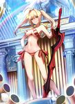  ahoge ass_visible_through_thighs bikini blonde_hair bracelet breasts closed_mouth cloud contrapposto day earrings fate/grand_order fate_(series) from_below green_eyes groin hair_intakes hand_on_hip highres jewelry long_hair looking_at_viewer looking_down medium_breasts navel nero_claudius_(fate)_(all) nero_claudius_(swimsuit_caster)_(fate) pillar rainbow shiguru side-tie_bikini skindentation sky solo standing statue swimsuit sword twintails underboob weapon 