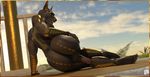  2017 3d_(artwork) anthro anubian_jackal anubis balls biceps big_butt big_penis butt canine claws deity digital_media_(artwork) egyptian erection fur gold_fur humanoid_penis jackal male mammal muscular nude penis presenting presenting_hindquarters r-a-s-p_(artist) solo thick_thighs 